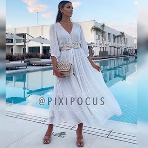 ZARA Voluminous Tiered Gauzy Dress White
